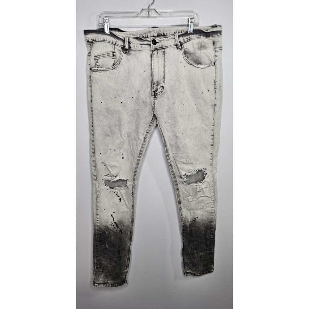 KDNK Mens Jeans 38 Gray Bleached Distressed Paint Moto Slim‎ Straight Ankle Zip
